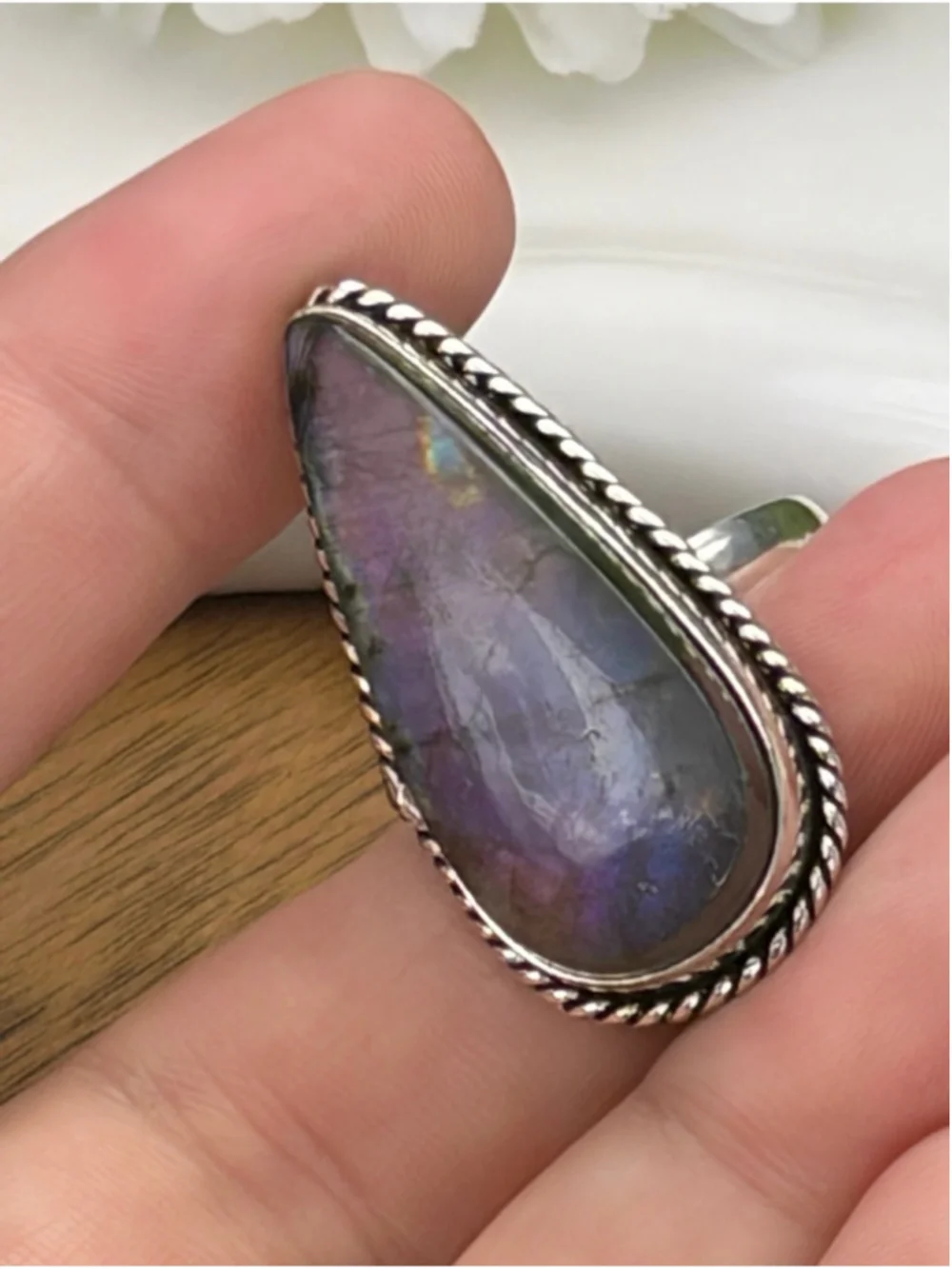 Purple Labradorite Ring Size 9 1/2 9.5 Vintage Style Sterling Silver 925 Overlay